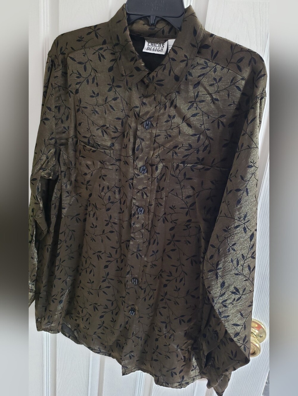 Vintage Chico's Design Blouse, Button-down Long Sleeve, Fall Colors, Botanical.